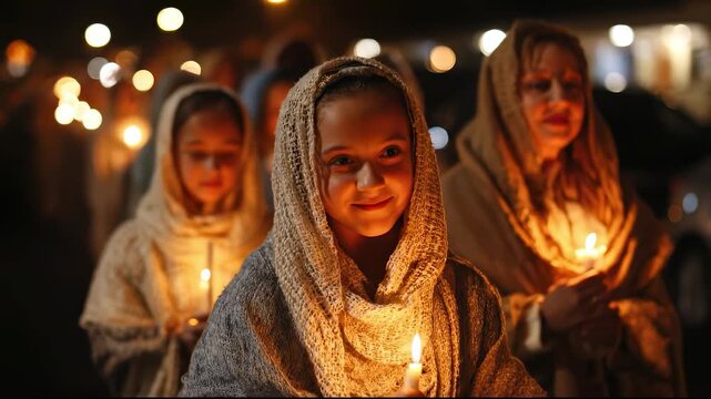 Girl smiling and holding candle during religious procession