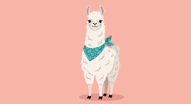 Adorable white llama character wearing a blue patterned bandana with a cool pattern standing against a soft pink background.