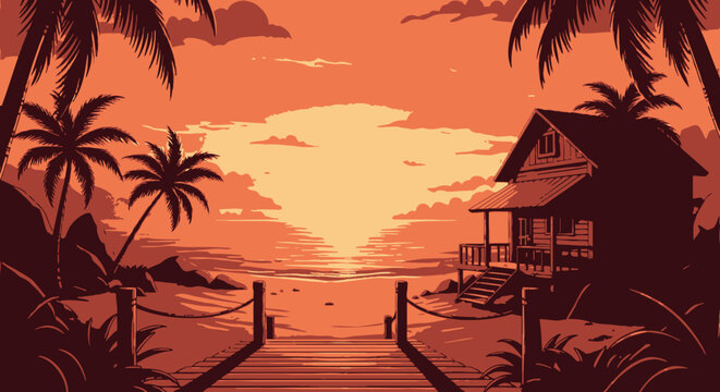 Tropical santa beach vector sunset landscape with hut
