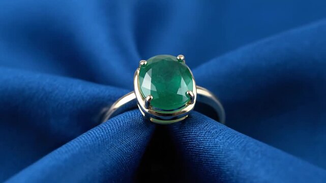 Emerald Ring on Blue Velvet Fabric.