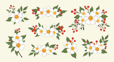 Obraz premium Elegant collection of white floral arrangements with green leaves and red berries for wedding and botanical design concepts.
