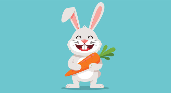 Cheerful cartoon bunny character standing and holding a large orange carrot against a solid blue background for Easter.