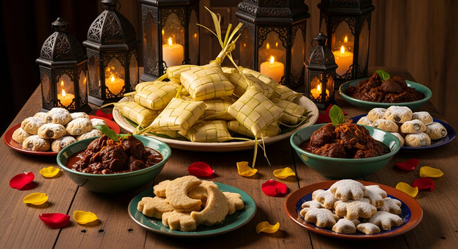 Traditional Ied Fitri feast with ketupat rendang and lanterns