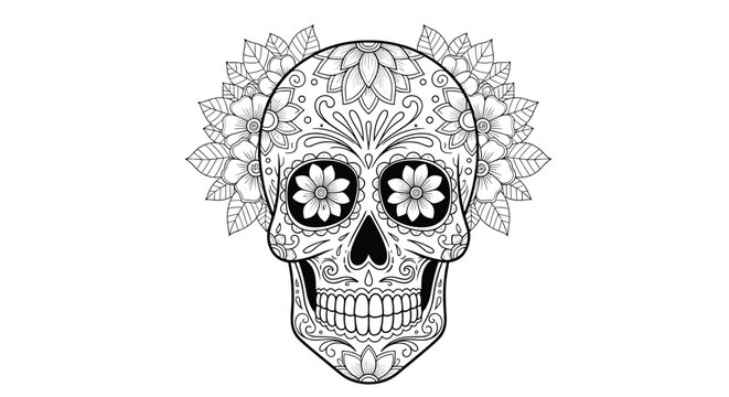 Intricate black and white line art illustration of a Mexican sugar skull decorated with flowers and patterns for day of the dead.