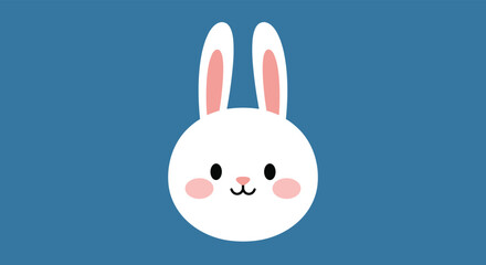 Obraz premium Minimalist illustration of a cute white rabbit head with pink ears and rosy cheeks centered on a solid blue background for children bedroom decor.