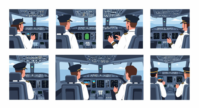 Set of flat vector illustrations depicting professional pilots in uniform operating an airplane cockpit with complex control panels and flight instruments.