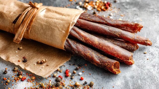Biltong beef jerky sticks wrapped in paper
