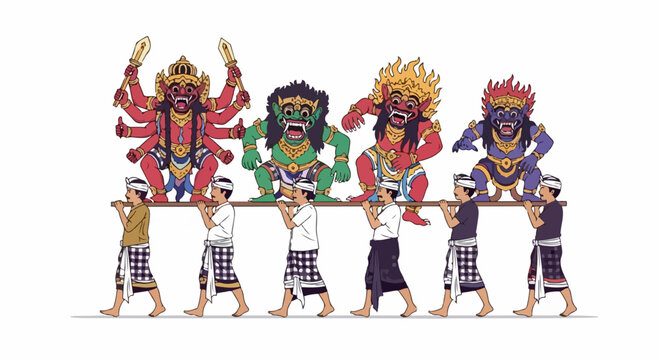 Illustration of Balinese men carrying giant Ogoh-ogoh statues for a religious parade during the Hindu purification ritual of Nyepi in Bali.