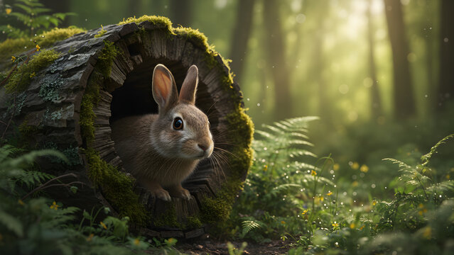 Rabbit hiding in forest hollow log.
