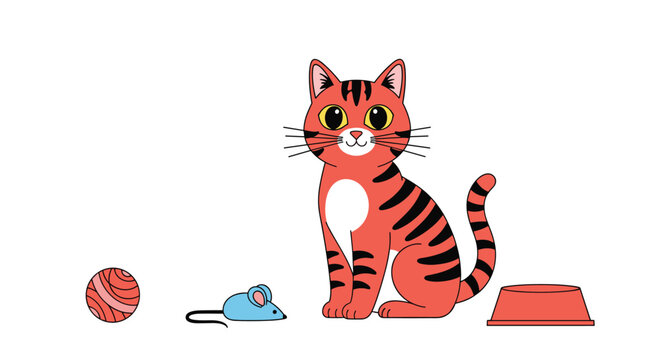 Red striped cat sitting next to its favorite things including a ball of yarn, a toy mouse, and a feeding bowl.