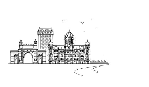 Mumbai Landmark Skyline Gateway of India Marine Drive CST Vector Illustration