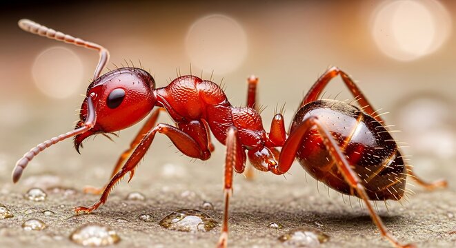 Red Ant Closeup on Ground Surface.