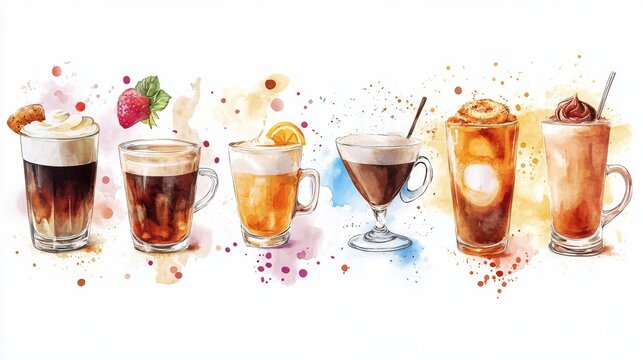 101.Collection of coffee drinks in cups and glasses, surrounded by expressive watercolor accents, gentle brush textures, warm and cool hues complementing each drink
