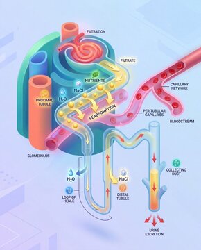 Diagram Illustrating the Functional Anatomy of the Nephron in the Human Kidney and Urine Excretion Process