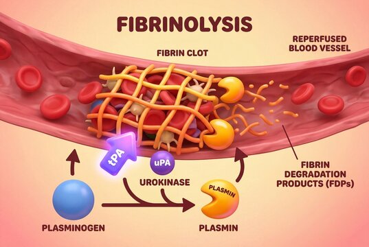 Detailed illustration of fibrinolysis, a vital biological process for dissolving blood clots in human circulatory systems, involving plasminogen activation