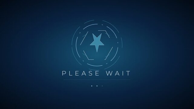 Futuristic Blue Digital Loading Screen with Animated Star Icon and 'Please Wait' Text Interface