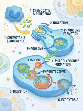 Visualizing the intricate steps of cellular phagocytosis, an essential immune process where a phagocyte engulfs and digests foreign particles for defense