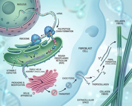 Illustrating the intricate cellular pathway of protein synthesis and collagen production, from genetic information to extracellular fiber assembly