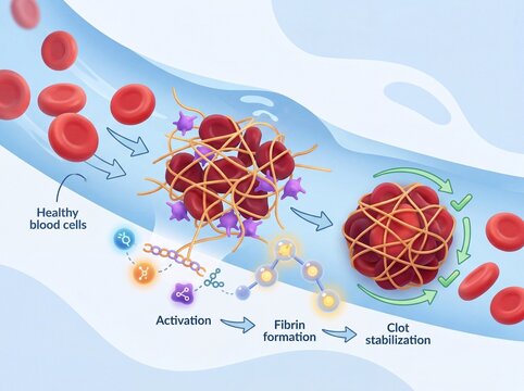 Blood clot formation and stabilization during hemostasis in a blood vessel