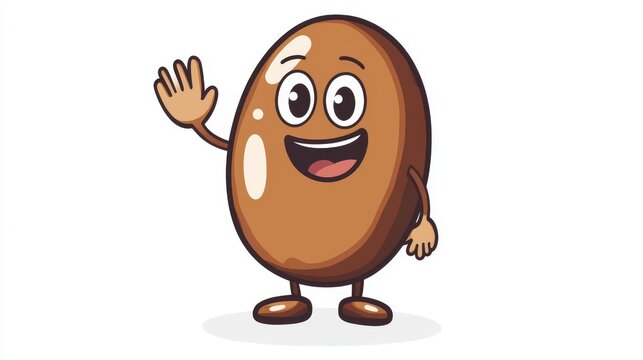 42.Cute bean-shaped mascot character with warm earthy palette, waving hand gesture, polished bean sheen, exaggerated features for fun and friendly appeal