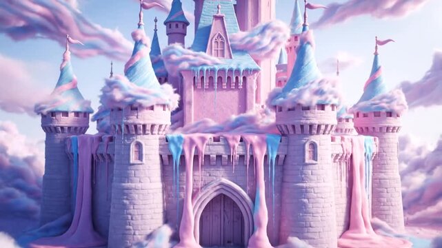 Fantasy castle with snow and clouds.