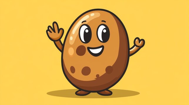 42.Cute bean-shaped mascot character with warm earthy palette, waving hand gesture, polished bean sheen, exaggerated features for fun and friendly appeal