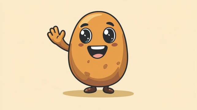 42.Cute bean-shaped mascot character with warm earthy palette, waving hand gesture, polished bean sheen, exaggerated features for fun and friendly appeal