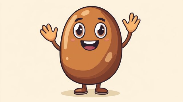 42.Cute bean-shaped mascot character with warm earthy palette, waving hand gesture, polished bean sheen, exaggerated features for fun and friendly appeal