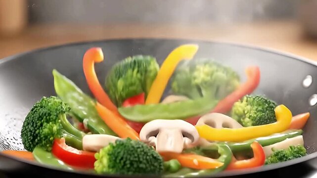 A vibrant array of fresh, colorful vegetables is expertly stir-fried and tossed in a hot wok, creating an appetizing burst of steam. This close-up shot showcases an assortment of broccoli florets, bri
