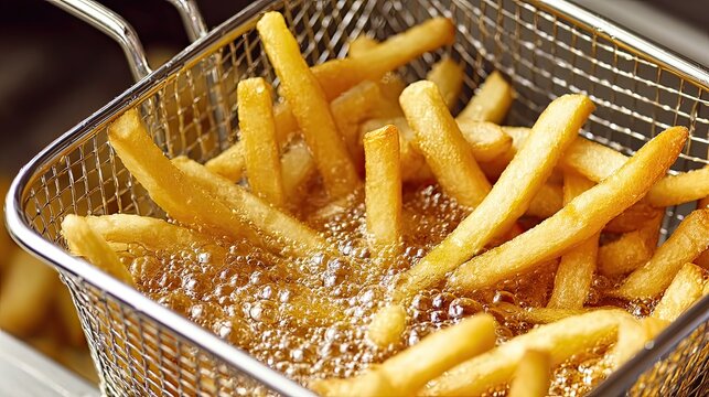 French fries cooking in a metal basket inside a deep fryer.