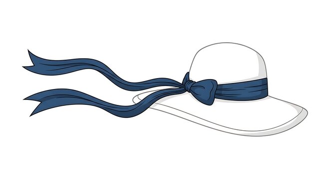 White Sun Hat with Navy Blue Ribbon.