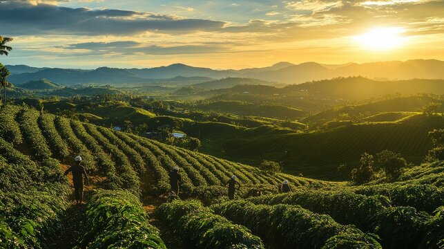 70.Evening scene over coffee fields with long shadows, silhouettes of farmers tending crops, textured rolling hills, deep saturated colors for a peaceful agricultural mood