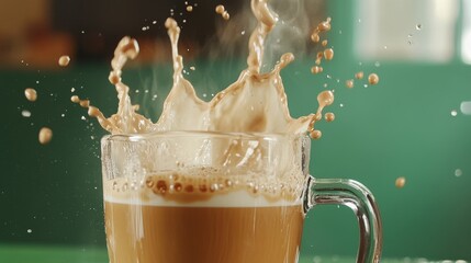 36.Slow-motion style depiction of milk entering a coffee-filled glass mug, beautiful diffusion forming wave-like patterns, green table background offering bold contrast and visual harmony