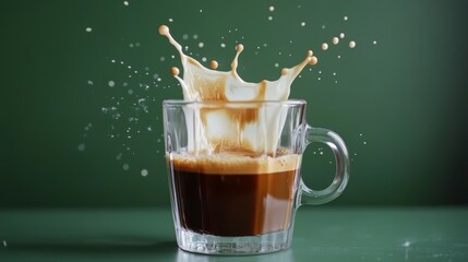 36.Slow-motion style depiction of milk entering a coffee-filled glass mug, beautiful diffusion forming wave-like patterns, green table background offering bold contrast and visual harmony