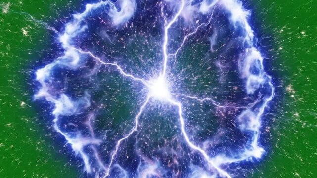 Electric blue lightning bolts radiate from a bright white center against a vibrant green background with scattered white specks.