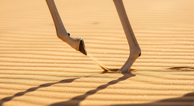 Close-up of an animal's legs and hooves walking on rippled desert sand, casting long shadows.