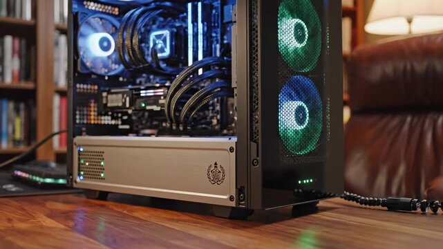 A computer tower with illuminated fans on a wooden floor in a living room.