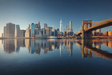 Obraz premium New York City skyline with Brooklyn Bridge reflecting on calm water during clear day, showcasing urban architecture and peaceful waterfront atmosphere