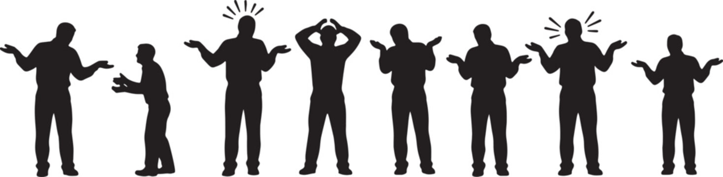 Black Solid Branch Manager Shrugging Complaint Silhouettes Set of Six on White Background