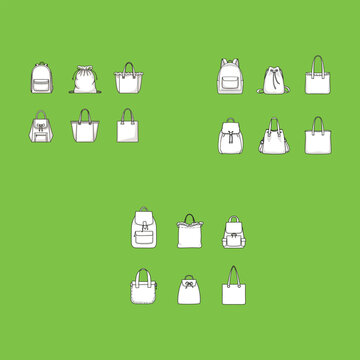 Fashion bag outline icons collection including backpack tote handbag and drawstring bag vector illustration