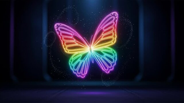 A vibrant neon butterfly illustration glows brightly in a dark room with sparkling particles.