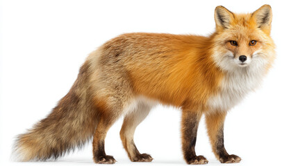 Fototapeta premium Red fox wild animal bushy tail orange fur white fur standing side view profile isolated studio red fox profile with bushy tail and bright orange