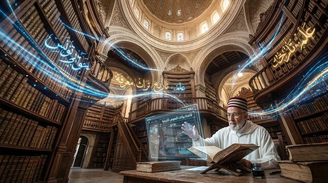 Elderly Arab scholar in traditional clothing interacting with a futuristic augmented reality hologram and floating luminous Arabic calligraphy inside a majestic ancient library. AI generated.