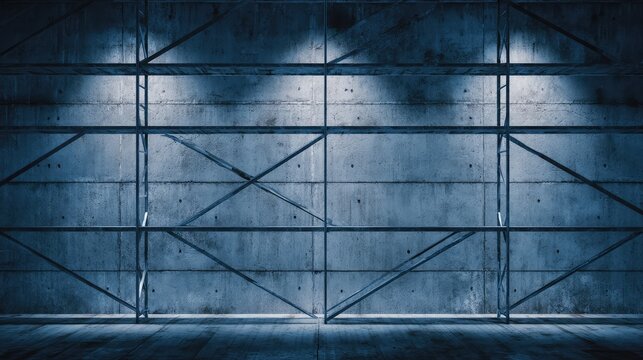 Brutalist construction background, dark navy concrete texture, blueprint lines, industrial scaffolding or crane elements