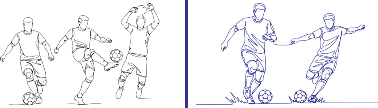 Vector set of soccer players in motion, featuring black and blue line art of athletes dribbling and juggling. Minimalist sports illustrations capturing football skills and training drills.