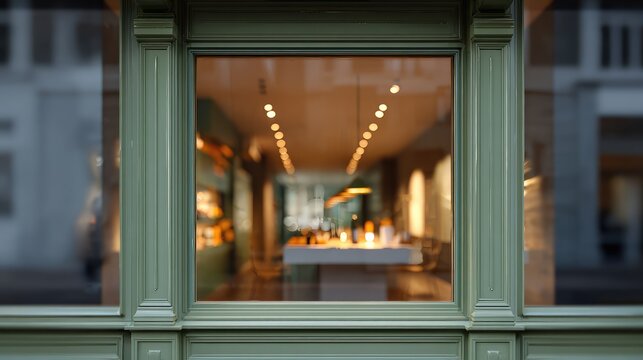 Symmetrical fronton closeup sage green shop front window interior modern minimal post office green silver aluminium warm light realistic