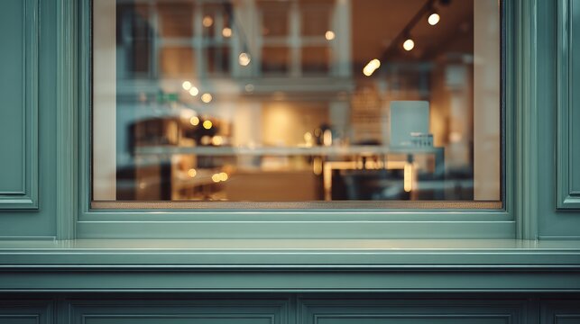 Symmetrical fronton closeup sage green shop front window interior modern minimal post office green silver aluminium warm light realistic