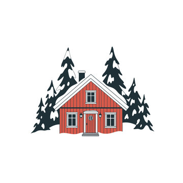 Cozy Red Cottage in Winter Landscape vector illustration
