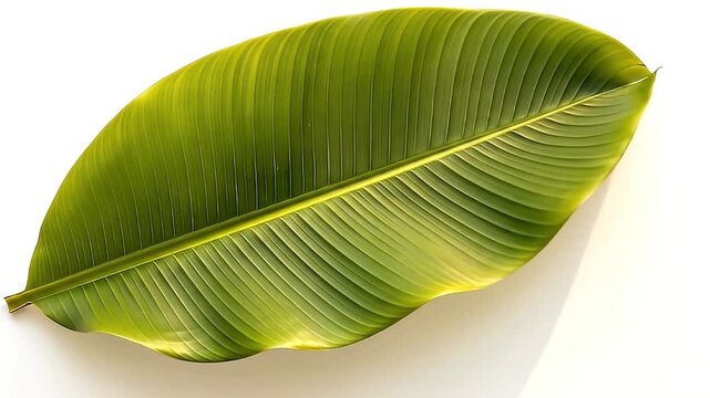 A vibrant, large tropical green leaf gently sways against a clean white background, creating a serene and natural visual. The prominent veins and lush texture of the leaf are beautifully highlighted, 