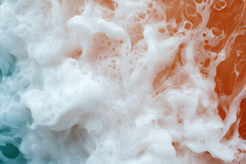 Obraz premium White foam bubbles blue and orange water surface create dynamic and vibrant abstract texture with lively movement and contrast